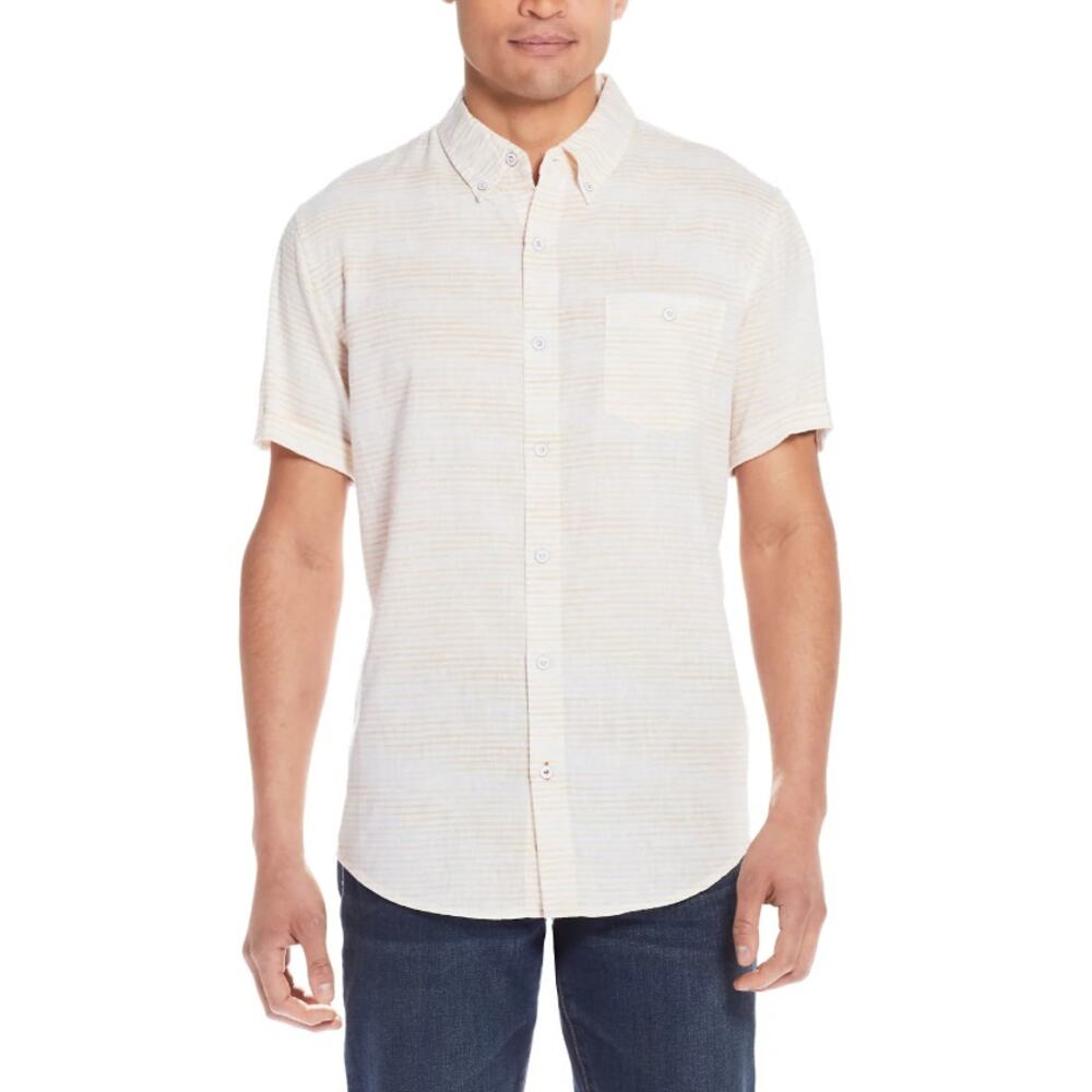 Weatherproof Vintage Washable Linen Shirt Mens M Tan Cream Striped Short Sleeve